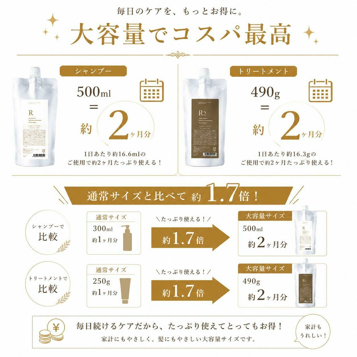 Shell Bear銀座 大容量でコスパ最高。毎日のケアを、もっとお得に。シャンプー500ml＝約2ヶ月分、トリートメント490g＝約2ヶ月分。通常サイズと比べて約1.7倍！