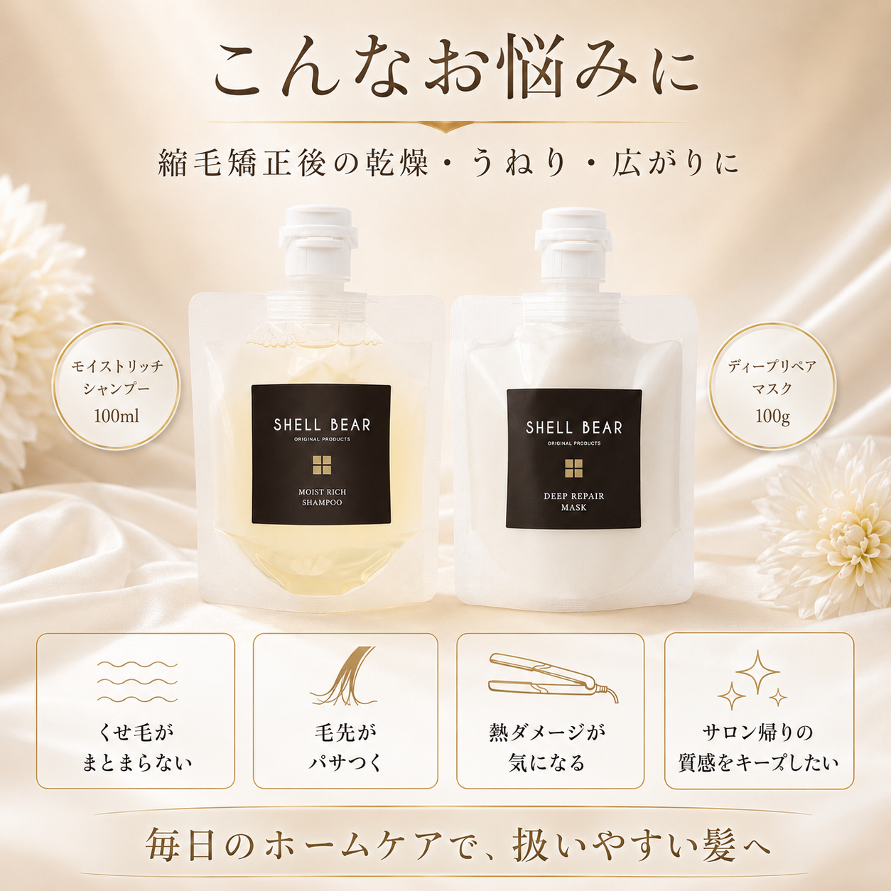 こんなお悩みに 縮毛矯正後の乾燥・うねり・広がりに