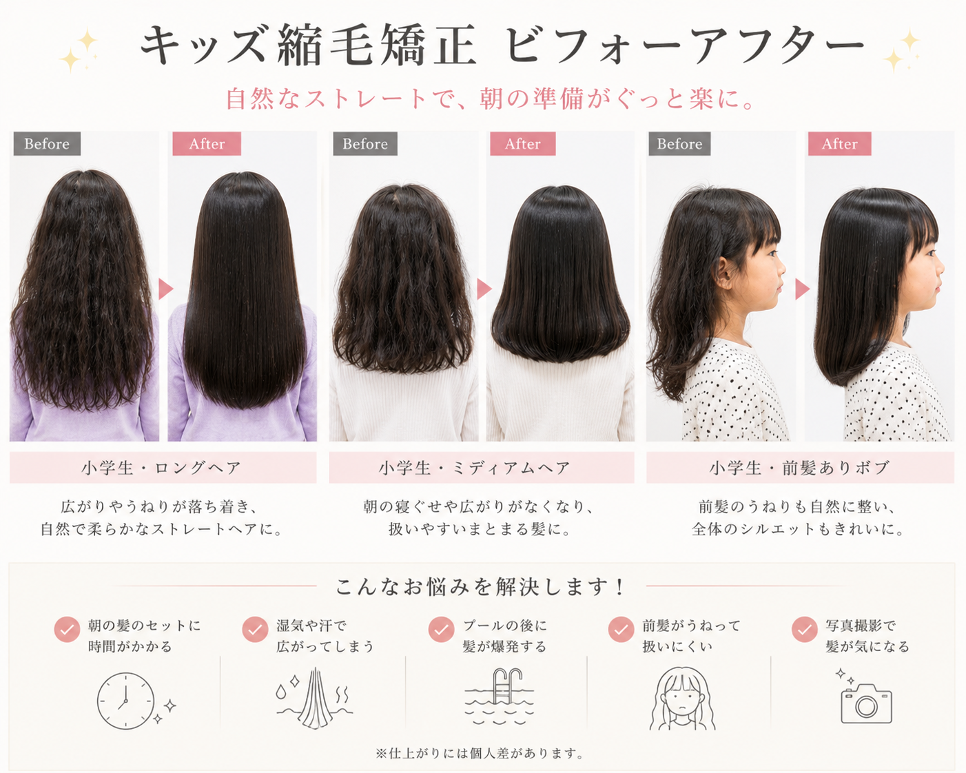 キッズ縮毛矯正ビフォーアフター 小学生・中学生対応