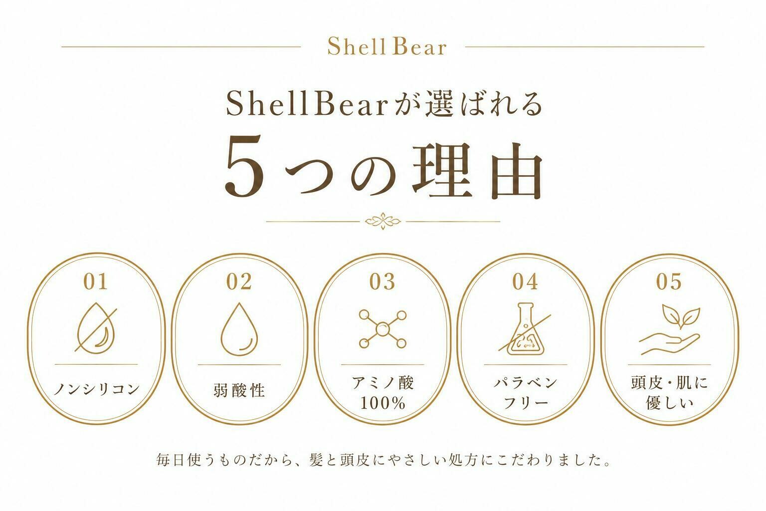 Shell Bear銀座が選ばれる5つの理由：ノンシリコン・弱酸性・アミノ酸100%・パラベンフリー・頭皮肌に優しい。毎日使うものだから、髪と頭皮にやさしい処方にこだわりました。
