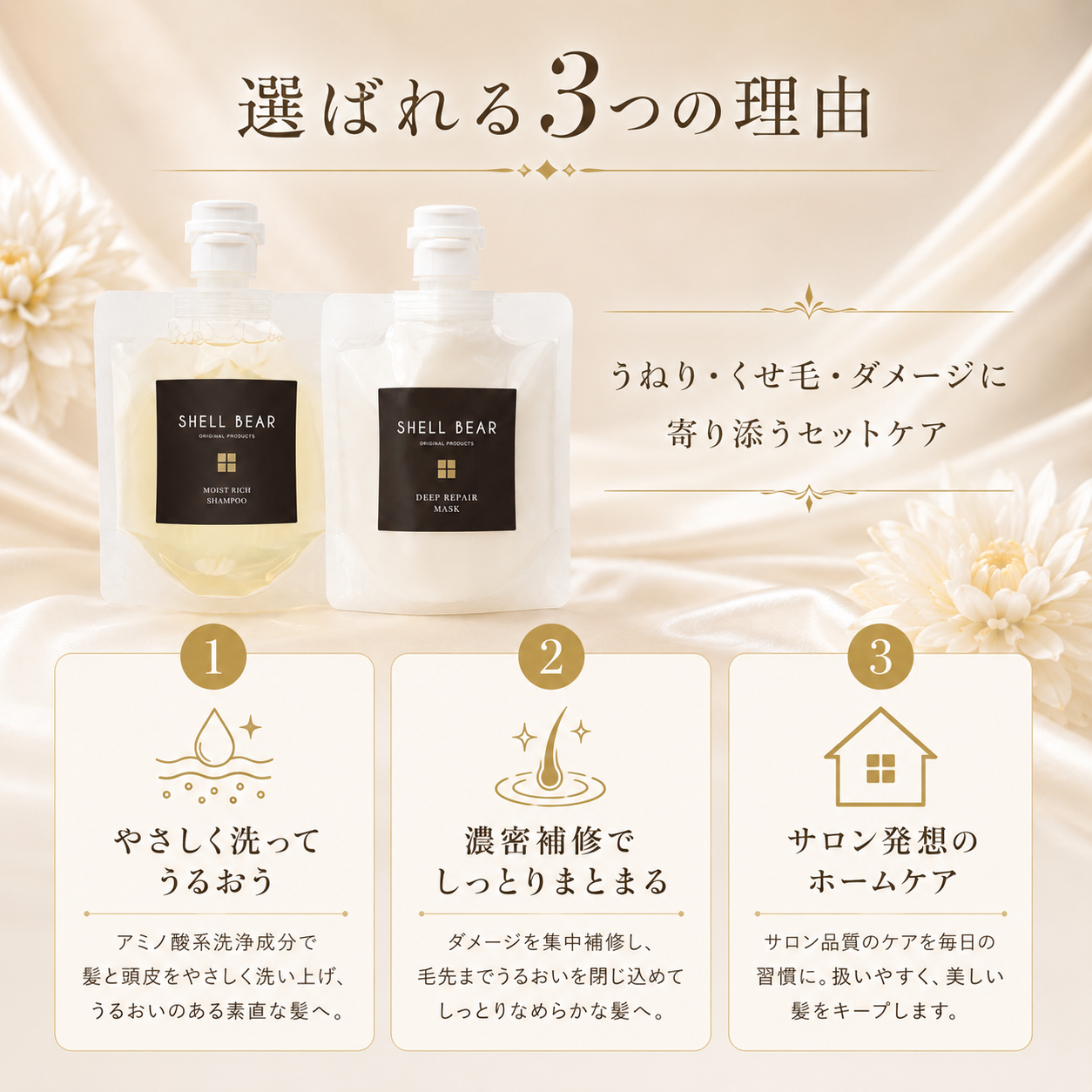 選ばれる3つの理由 うねり・くせ毛・ダメージに寄り添うセットケア