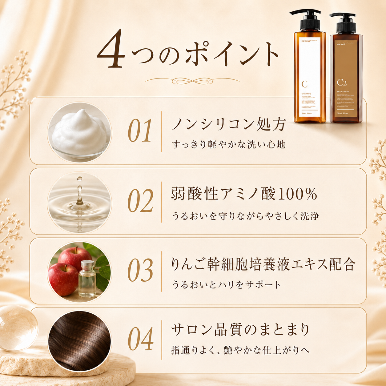 4つのポイント：ノンシリコン処方・弱酸性アミノ酸100%・りんご幹細胞培養液エキス配合・サロン品質のまとまり