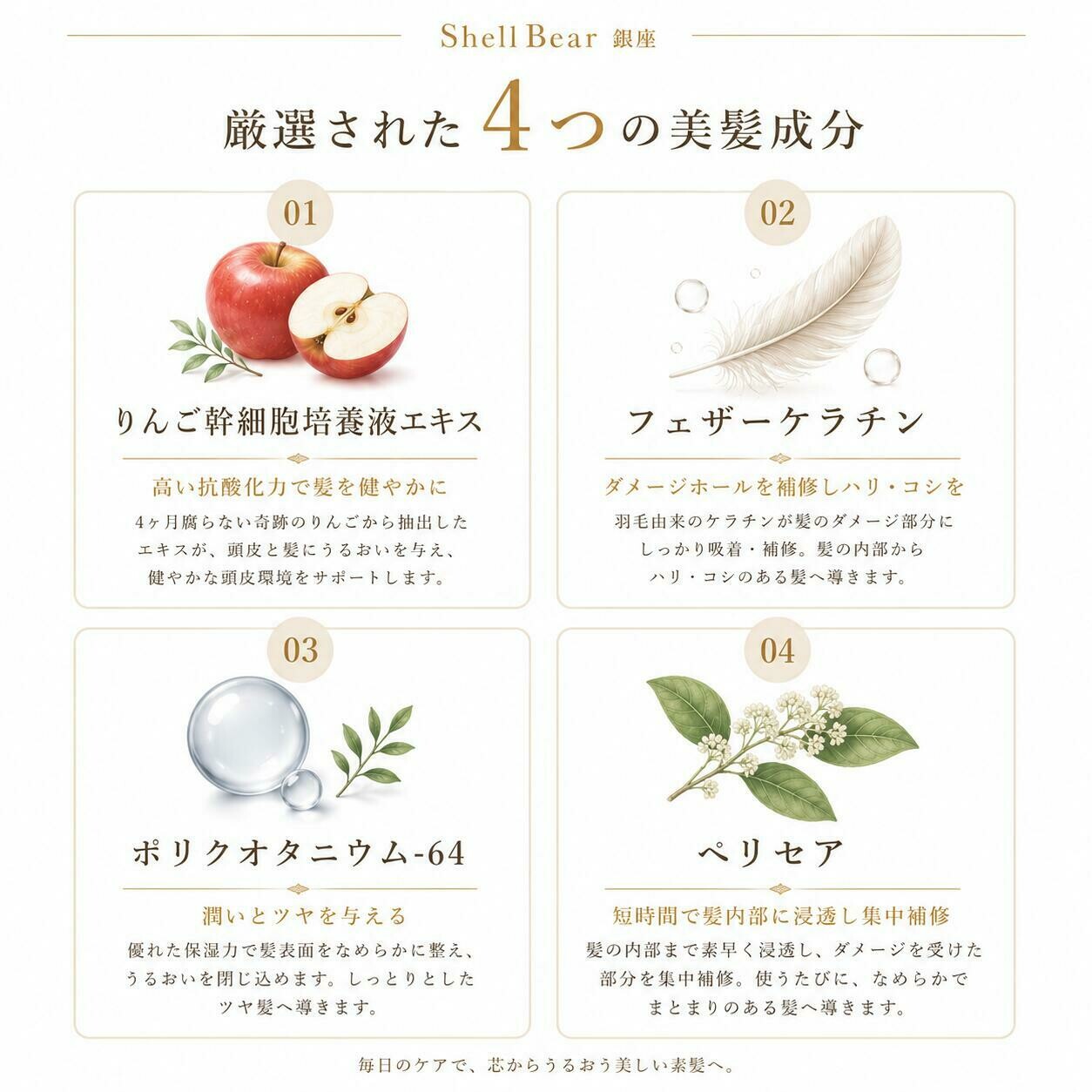 Shell Bear銀座 厳選された4つの美髪成分：りんご幹細胞培養液エキス・フェザーケラチン・ポリクオタニウム-64・ペリセア。毎日のケアで、芯からうるおう美しい素髪へ。