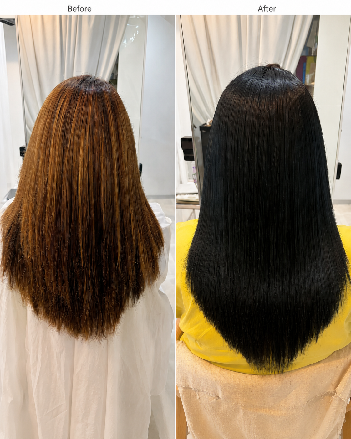 色あせた明るいカラー毛を白髪染めと縮毛矯正で艶のある暗髪ストレートへ ビフォーアフター 有楽町