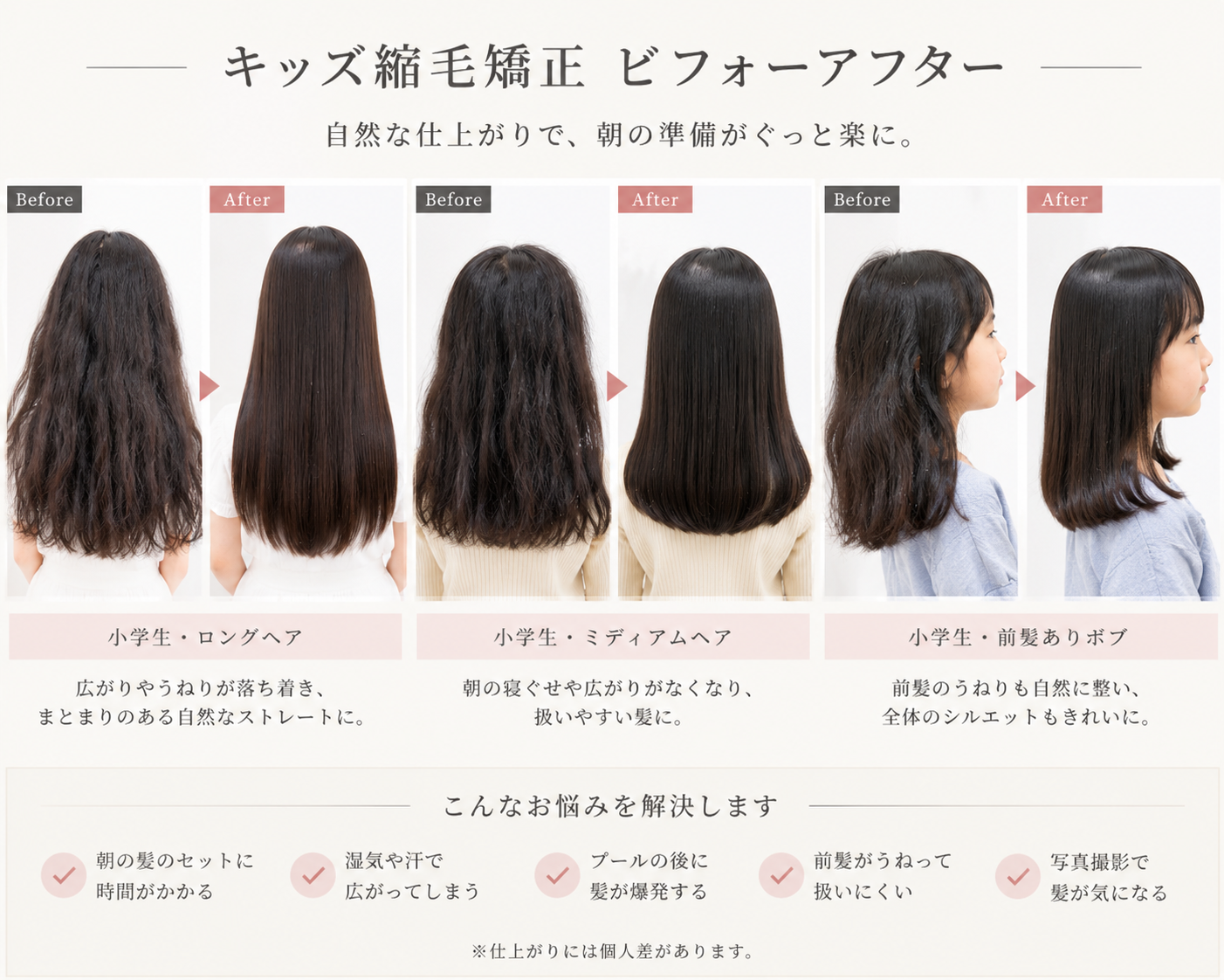 小学生のキッズ縮毛矯正 ロング ミディアム 前髪ありボブ 3例のビフォーアフター