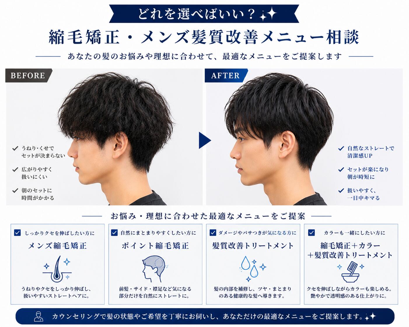 縮毛矯正・メンズ髪質改善メニュー相談