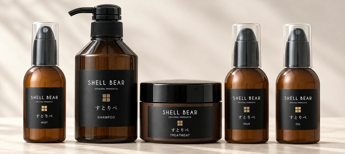 すとりぺ（ストレートリペア）5商品。左からヘアミスト、シャンプー、マスクトリートメント、ヘアミルク、ヘアオイル